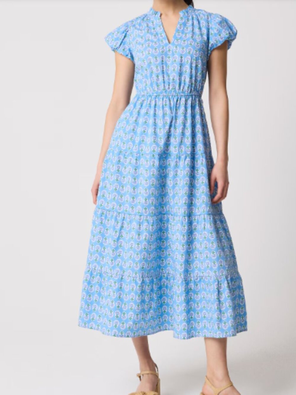 NWT Women's J. Crew Blue Floral Print Maxi Dress Flutter Sleeve Smocked Waist 8